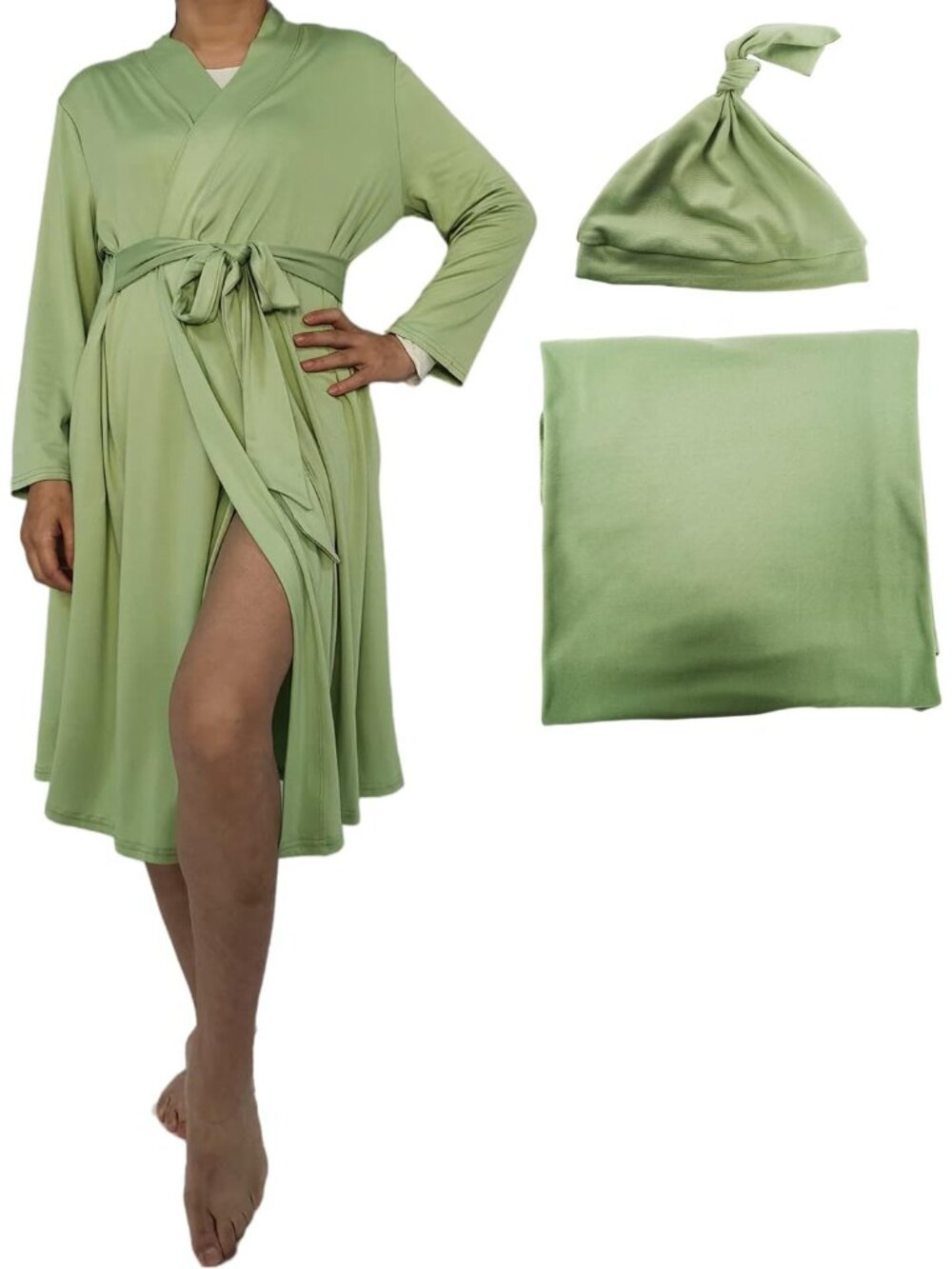 Maternity Robe and Matching Baby Swaddle Blanket Set, Mommy Robe with Receiving
